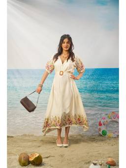 KHAMNA - Ivory Zarreen Floral Border Printed Resort Dress