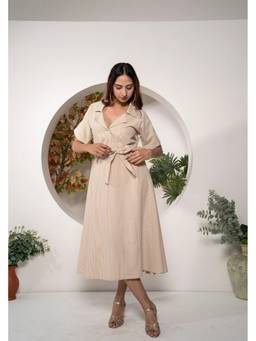 KHAMNA - Beige Sandstone Stripe Shirt Dress