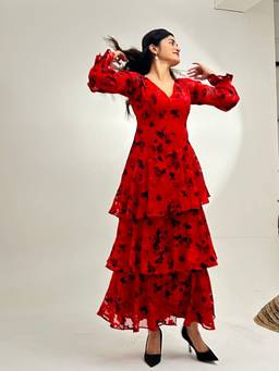 KHAMNA - Seaorita Red Layered Maxi Full Sleeve Cascading Floral Jacquard Dress