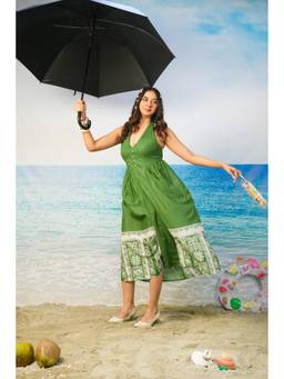 KHAMNA - Green Tasneem Botanical Print Cotton Halter Neck Dress