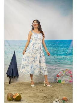 KHAMNA - Vani Toile Print Midi White Poplin Resort Dress