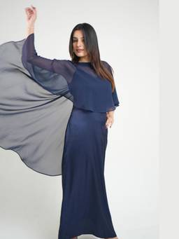 KHAMNA - Nancy Navy Blue Satin with Georgette Dress with Cape