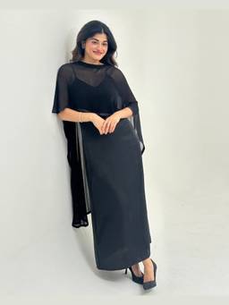 KHAMNA - Nisha Black Satin Dress with Cape