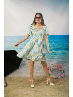 KHAMNA - White Zohra Botanical Cotton Linen Puff Sleeve Dress