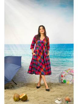 KHAMNA - Multi Colour Rekha Madras Check Cotton Dress