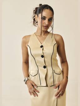 Lea Clothing - Genevieve Tan Contrast Piping Vest Top