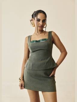 Lea Clothing - Corvine Olive Herringbone and Plaid Structured Top