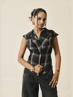 Lea Clothing - Multi-Color Maverick Moss Plaid Cropped Shirt
