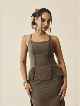 Lea Clothing - Marguerite Taupe Checked Peplum Top