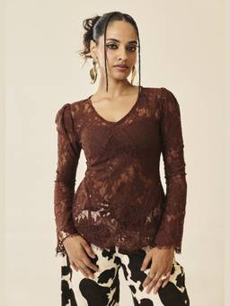 Lea Clothing - Sienna Cocoa Brown Lace Long Sleeve Top