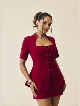 Lea Clothing - Adalyn Red Frog-Button Structured Blazer Top