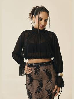 Lea Clothing - Rosalind Black Sheer Ruffle-Neck Crop Top