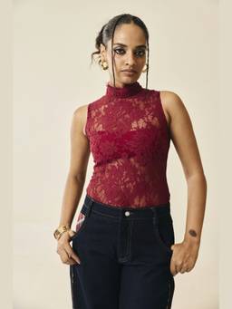 Lea Clothing - Embervine Burgundy Lace Mock-Neck Bodysuit Top