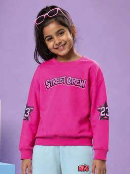 KiddoPanti - Pink Printed Fleece Regular Fit Sweatshirt