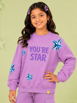 KiddoPanti - Purple Printed Fleece Regular Fit Sweatshirt