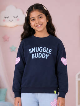 KiddoPanti - Navy Blue Printed Fleece Regular Fit Sweatshirt