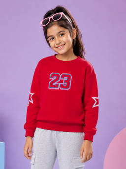 KiddoPanti - Red Printed Fleece Regular Fit Sweatshirt