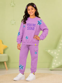 KiddoPanti - Purple Printed Fleece Regular Fit Sweatshirt and Joggers