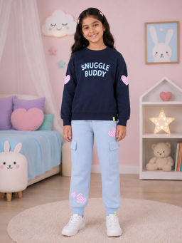 KiddoPanti - Navy Blue Printed Fleece Regular Fit Sweatshirt and Joggers