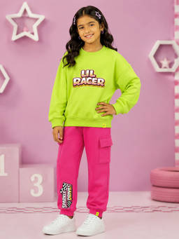 KiddoPanti - Green Printed Fleece Regular Fit Sweatshirt and Joggers
