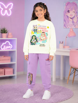 KiddoPanti - Off White Printed Fleece Regular Fit Sweatshirt and Joggers