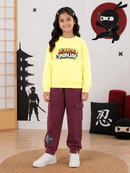 KiddoPanti - Yellow Printed Fleece Regular Fit Sweatshirt and Joggers