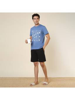 Sleepz by Raymond - Men'S Regular Fit Printed Blue T-Shirt with Shorts