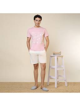Sleepz by Raymond - Men'S Regular Fit Printed Pink T-Shirt with Shorts