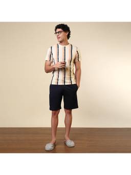 Sleepz by Raymond - Men'S Regular Fit Stripes Cream T-Shirt with Shorts