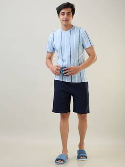 Sleepz by Raymond - Men'S Regular Fit Stripes Blue T-Shirt with Shorts