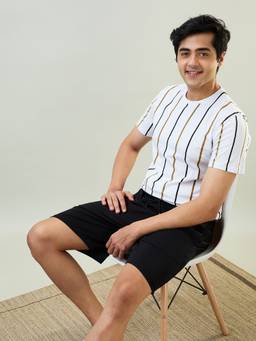 Sleepz by Raymond - Men'S Regular Fit Stripes White T-Shirt with Shorts
