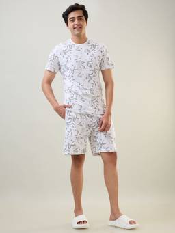 Sleepz by Raymond - Men'S Regular Fit Printed White T-Shirt with Shorts