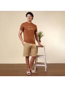 Sleepz by Raymond - Men'S Regular Fit Printed Brown T-Shirt with Shorts