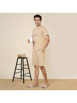 Sleepz by Raymond - Men'S Regular Fit Printed Beige T-Shirt with Shorts