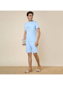 Sleepz by Raymond - Men'S Regular Fit Printed Blue T-Shirt with Shorts