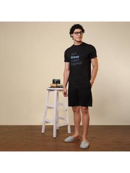 Sleepz by Raymond - Men'S Regular Fit Printed Black T-Shirt with Shorts
