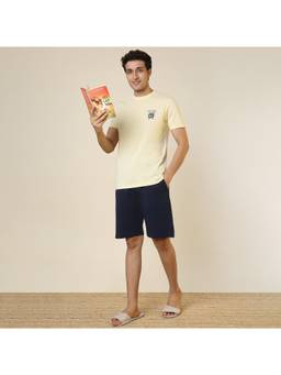 Sleepz by Raymond - Men'S Regular Fit Printed Yellow T-Shirt with Shorts