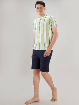 Sleepz by Raymond - Men'S Regular Fit Stripes Green T-Shirt with Shorts