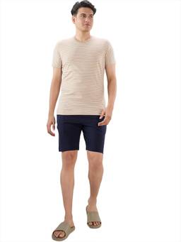 Sleepz by Raymond - Men'S Regular Fit Stripes Beige T-Shirt with Shorts