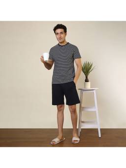 Sleepz by Raymond - Men'S Regular Fit Stripes Black T-Shirt with Shorts