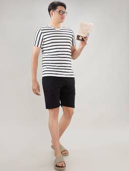 Sleepz by Raymond - Men'S Regular Fit Stripes White T-Shirt with Shorts