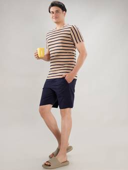 Sleepz by Raymond - Men'S Regular Fit Stripes Brown T-Shirt with Shorts