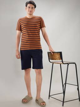 Sleepz by Raymond - Men'S Regular Fit Stripes Rust T-Shirt with Shorts