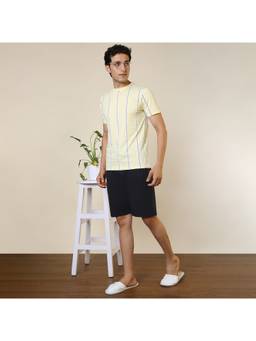 Sleepz by Raymond - Men'S Regular Fit Stripes Yellow T-Shirt with Shorts