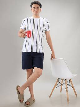 Sleepz by Raymond - Men'S Regular Fit Stripes White T-Shirt with Shorts