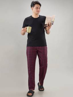 Sleepz by Raymond - Men'S Regular Fit Checks Black T-Shirt with Pyjama
