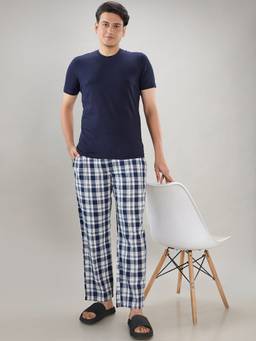 Sleepz by Raymond - Men'S Regular Fit Checks Navy Blue T-Shirt with Pyjama