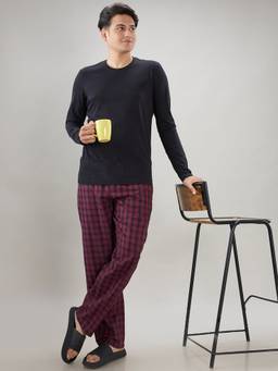 Sleepz by Raymond - Men'S Regular Fit Checks Black T-Shirt with Pyjama