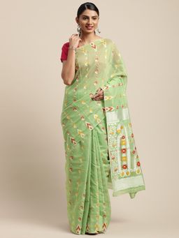 Vastranand - Green & Red Woven Design Jamdani Saree with Unstitched Blouse