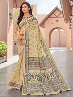 Sareemall - Women's Cotton Silk Beige Printed Designer Saree With Blouse Piece with Unstitched